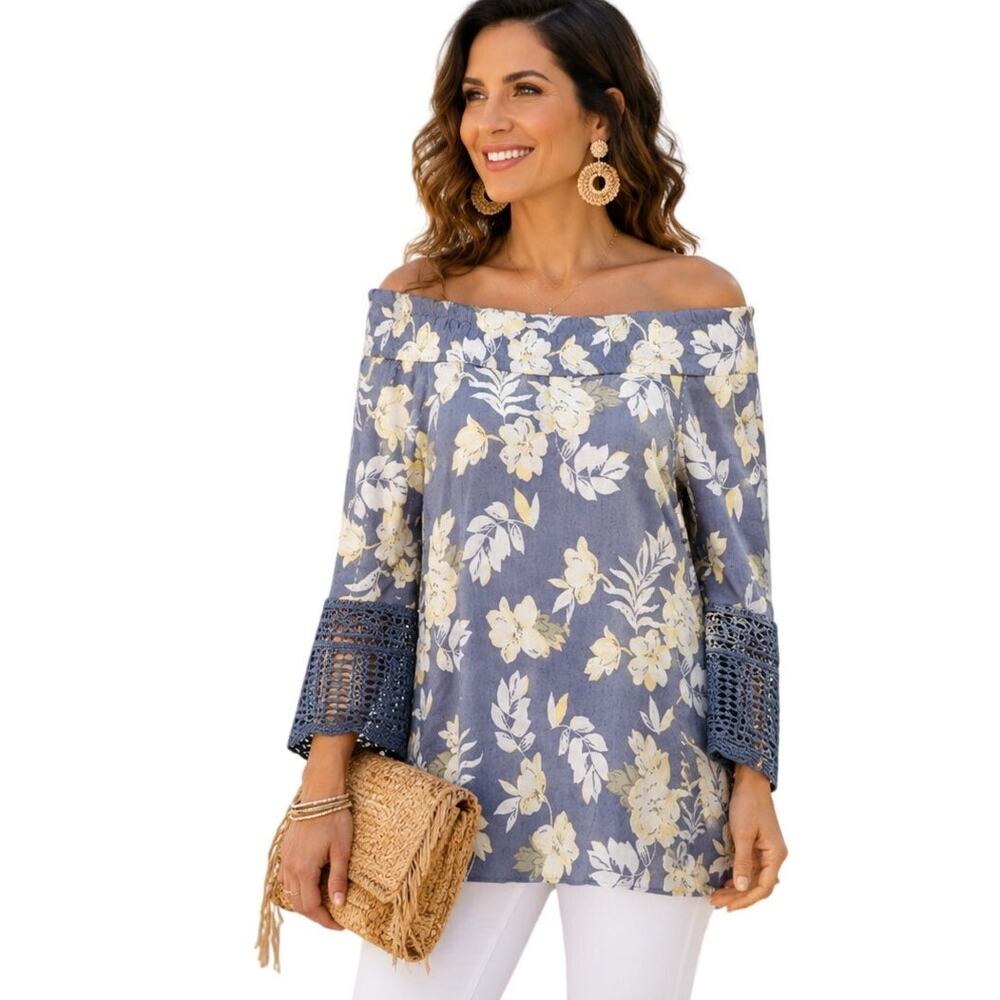 By Design Off Shoulder Tunic Top with Embroidered Sleeves, Size L